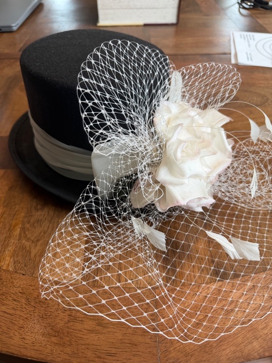 Black Felt Top Hat With White Toole Band, Silk Flowers, Feathers and Netting main image 8
